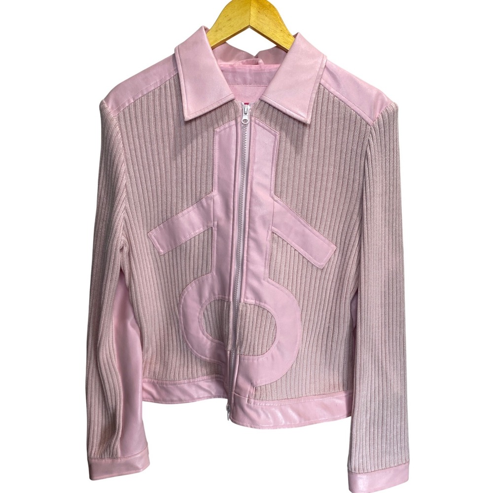 Jennyfer J Pink Faux Leather Ribbed Knit Zip Up Jacket Womens XL Y2K Barbiecore